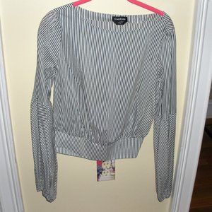 BEBE diagonal navy/white stripped cotton long sleeve blouse Size M